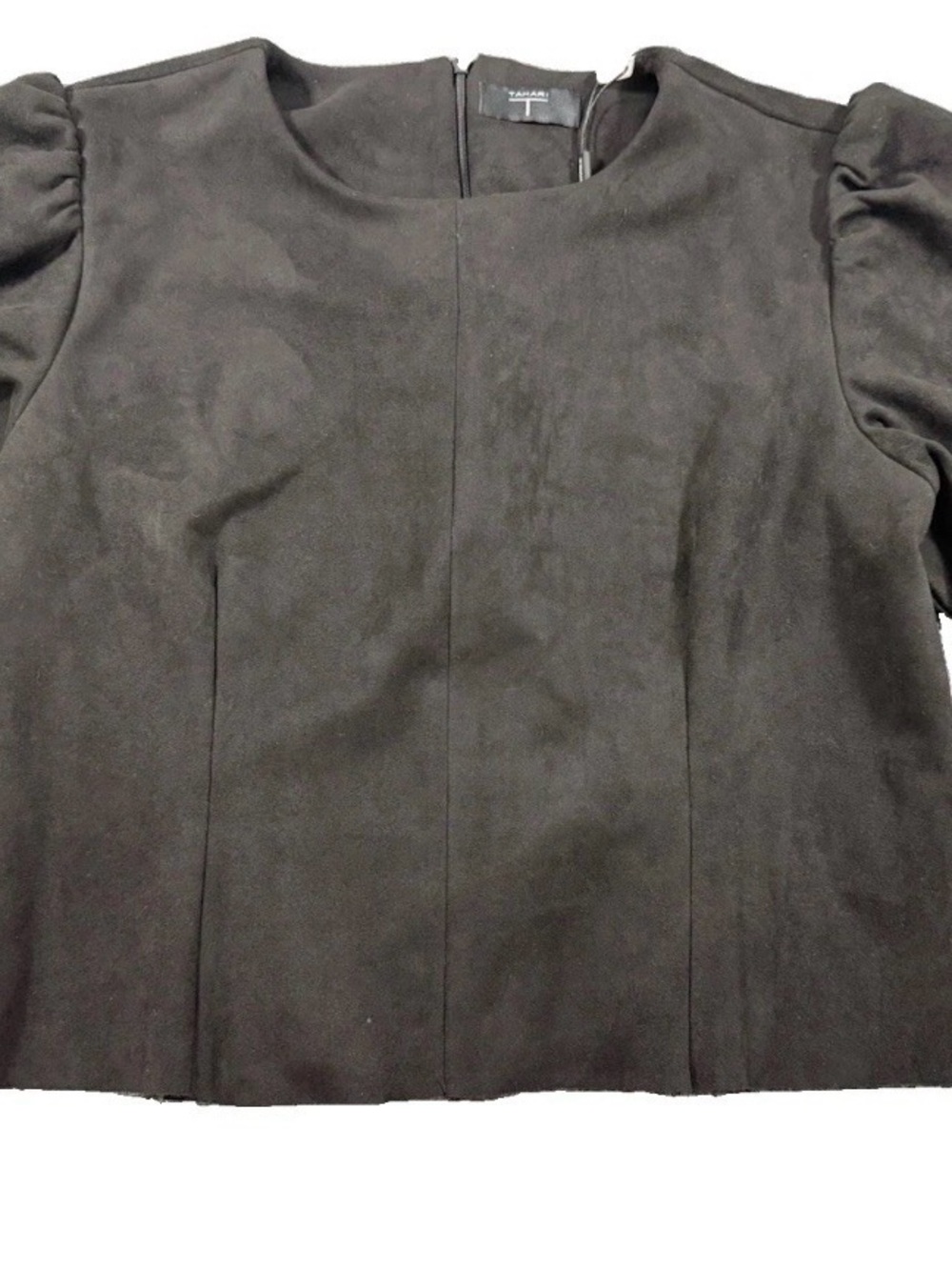 Tahari Faux Suede Puff Sleeve Blouse Top Black Women’s Large NWT Career